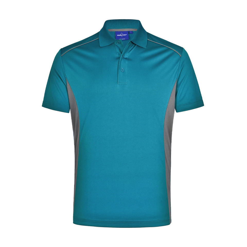 Teal CoolDry polo shirt with charcoal grey contrast side panels and matching collar