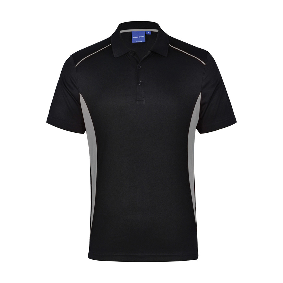 Black CoolDry polo shirt with grey contrast side panels, three-button placket, flat chest panel