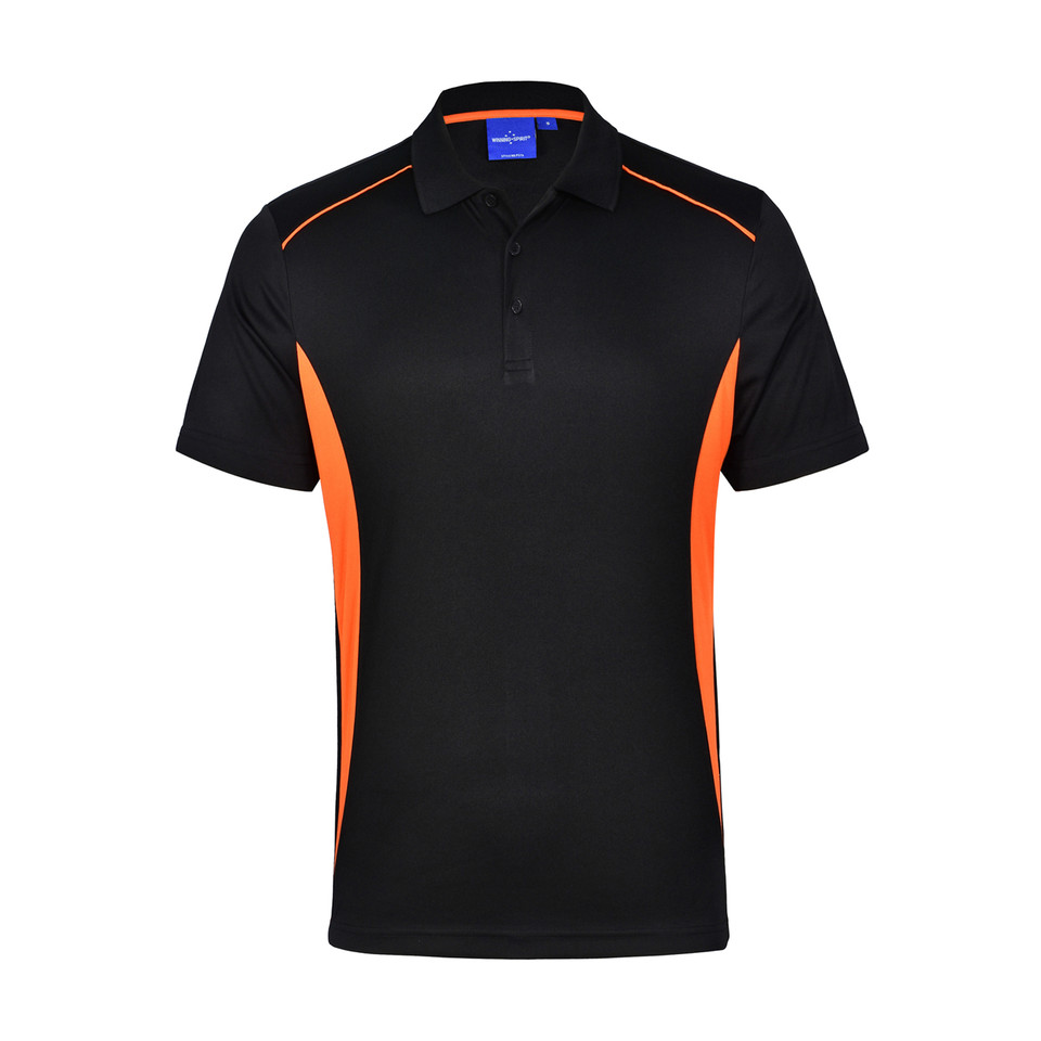 Black CoolDry polo shirt with orange contrast side panels and shoulder piping