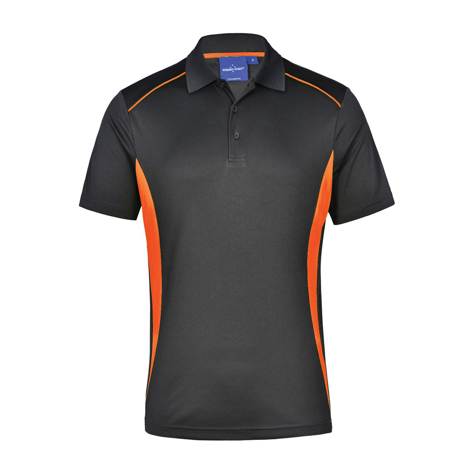 Charcoal and orange contrast panel men's short sleeve polo shirt with three-button placket