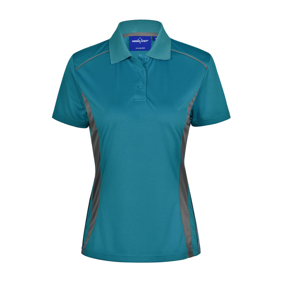 Teal ladies polo shirt with charcoal contrast side panels and short sleeves