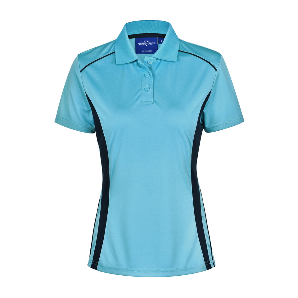 Aqua blue ladies polo with navy side panels and contrast piping detail, CoolDry fabric, short sleeves