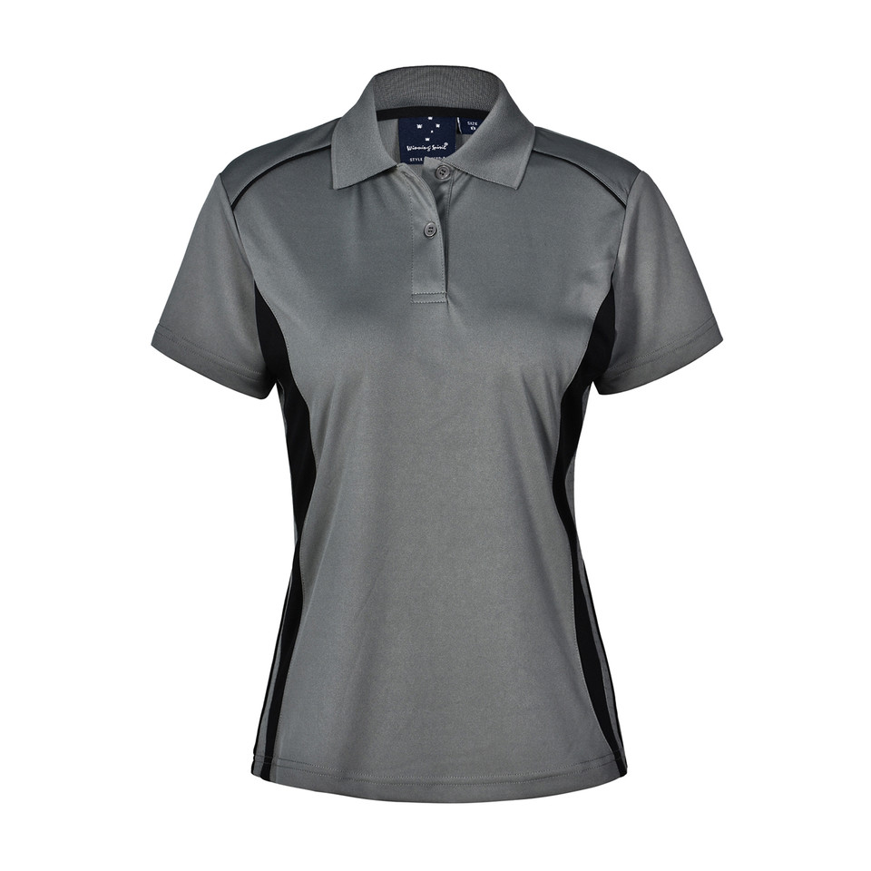 Plain Passion ladies short-sleeve polo shirt in CoolDry quick-dry polyester, featuring contrast panels, mesh venting, and anti-bacterial finish for breathable team uniforms.