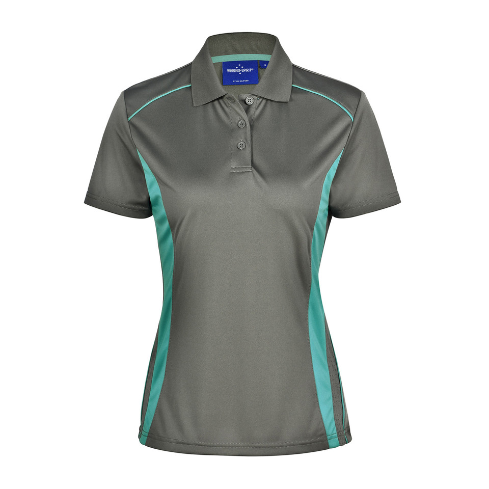 Charcoal grey ladies polo shirt with teal side panels and contrast piping detail