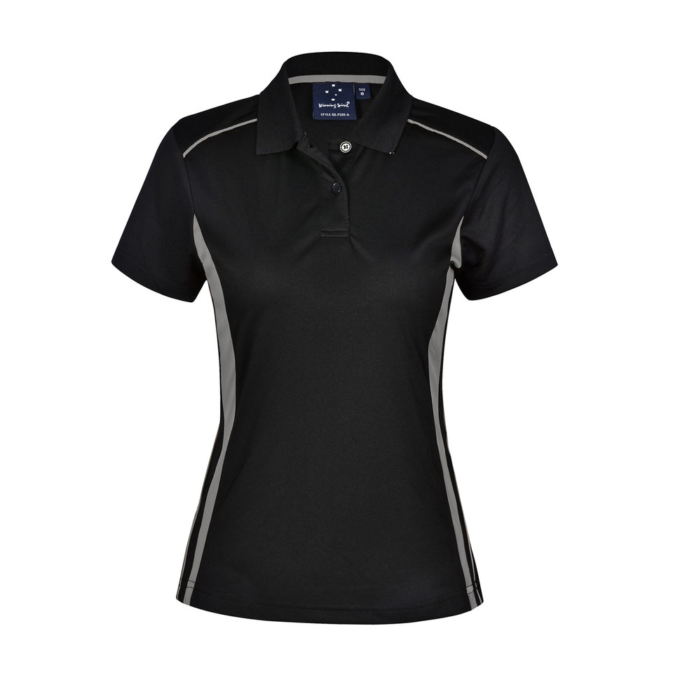 Black ladies polo shirt with grey contrast side panels and piping detail on shoulders