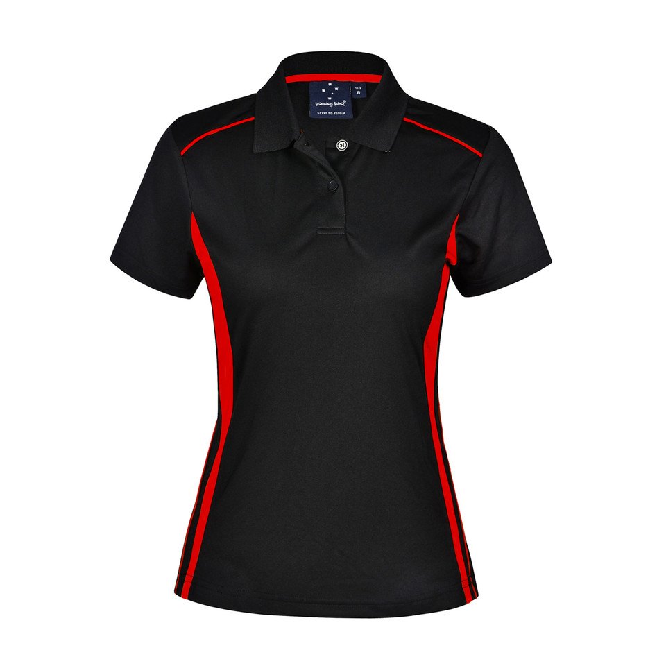 Plain Passion ladies short-sleeve polo shirt in CoolDry quick-dry polyester, featuring contrast panels, mesh venting, and anti-bacterial finish for breathable team uniforms.
