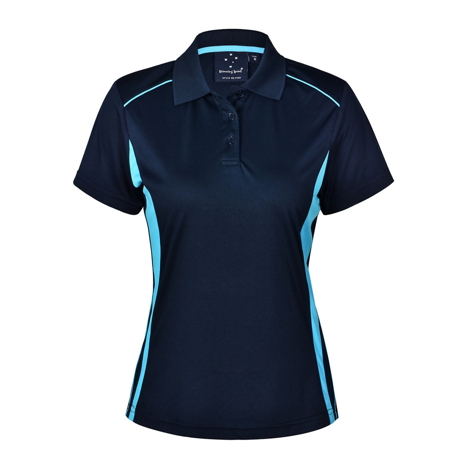 Plain Passion ladies short-sleeve polo shirt in CoolDry quick-dry polyester, featuring contrast panels, mesh venting, and anti-bacterial finish for breathable team uniforms.