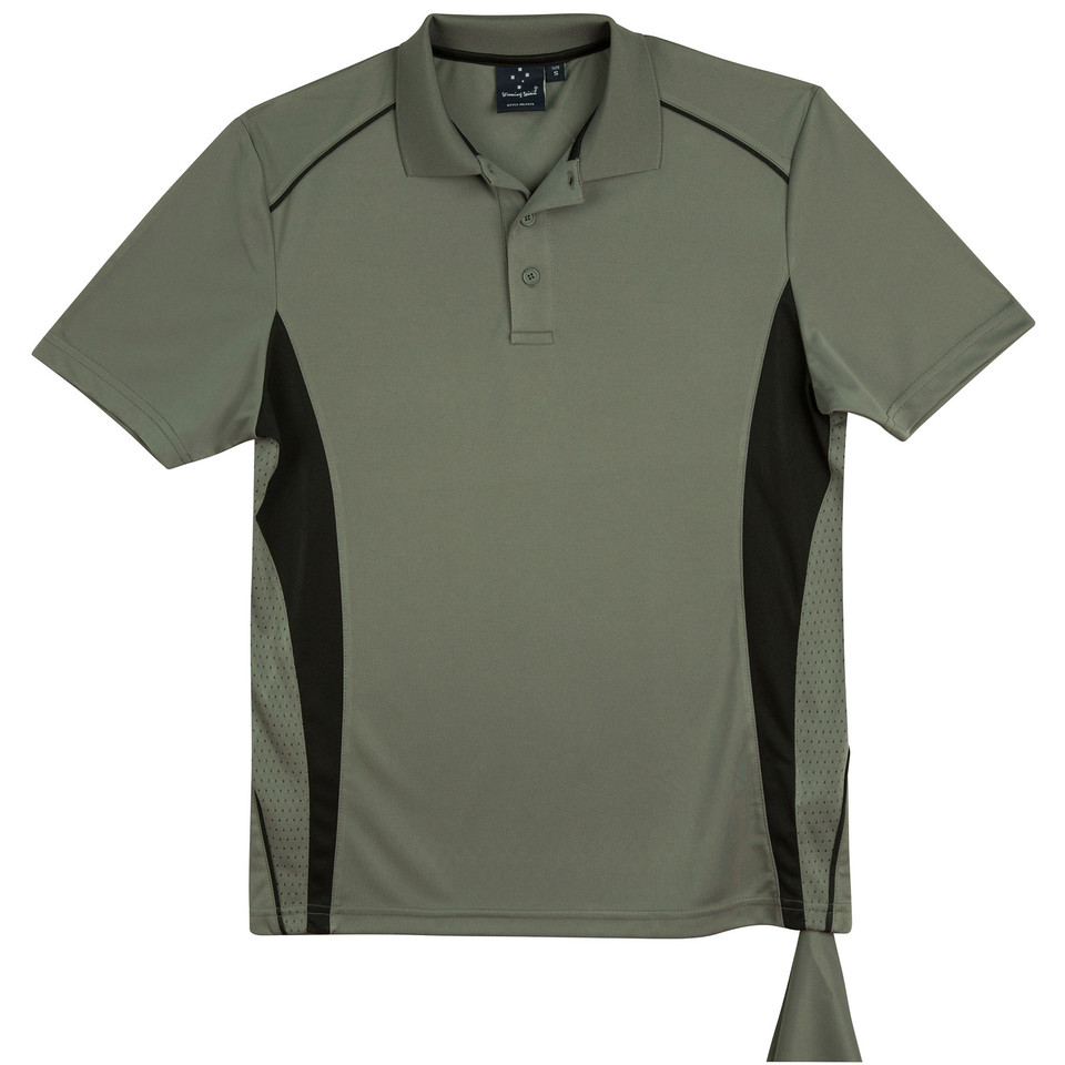 Sage green polo shirt with black side panels and mesh inserts, featuring contrast piping detail