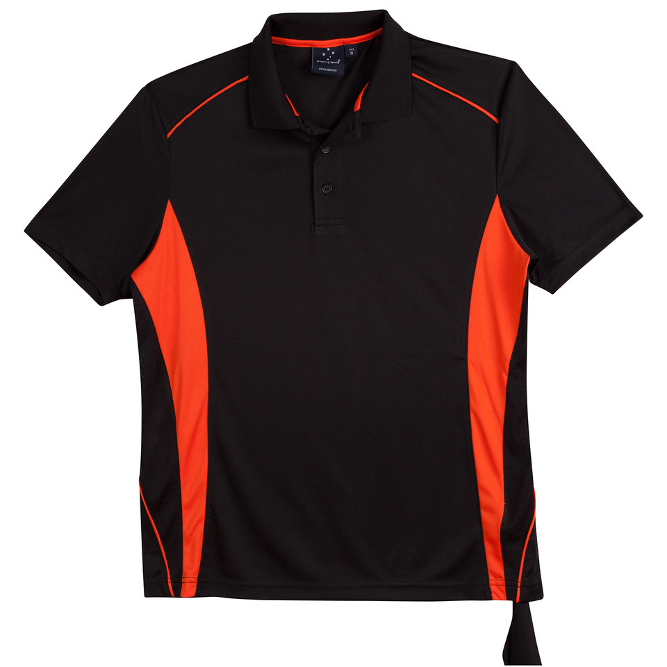 Black polo shirt with vibrant orange side panels and shoulder piping details