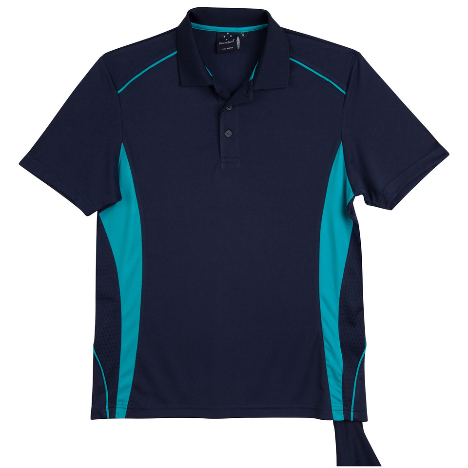 Navy polo shirt with teal side panels and contrast piping detail on shoulders
