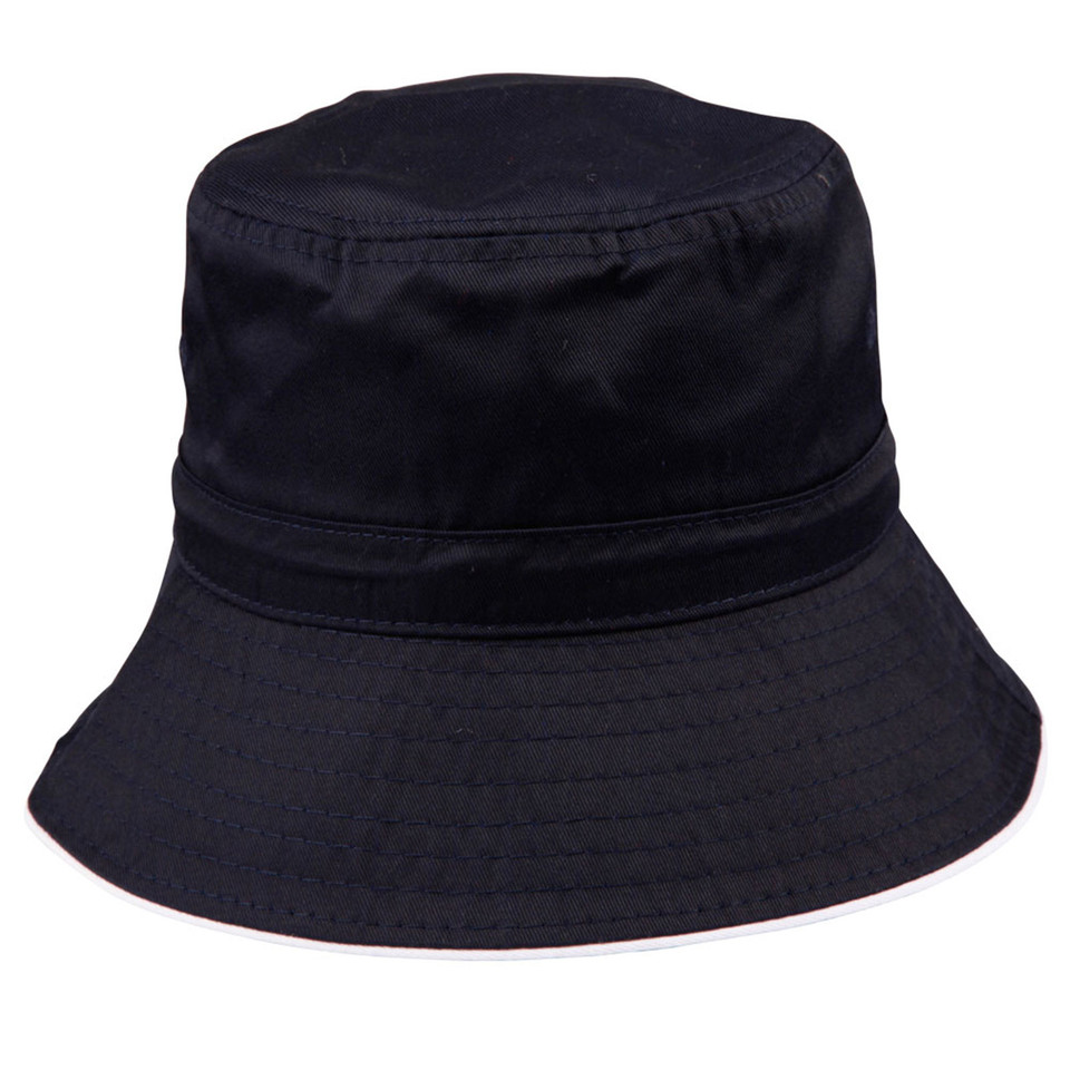 Navy bucket hat with contrast black trim detail and adjustable toggle at crown