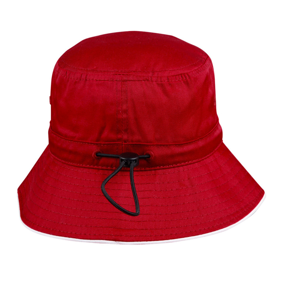 Crimson red bucket hat with navy contrast trim and adjustable toggle drawcord at crown