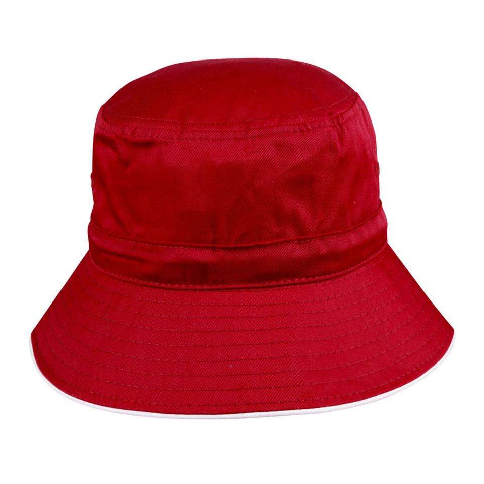 Red bucket hat with tonal stitching and wide brim, featuring adjustable toggle detail