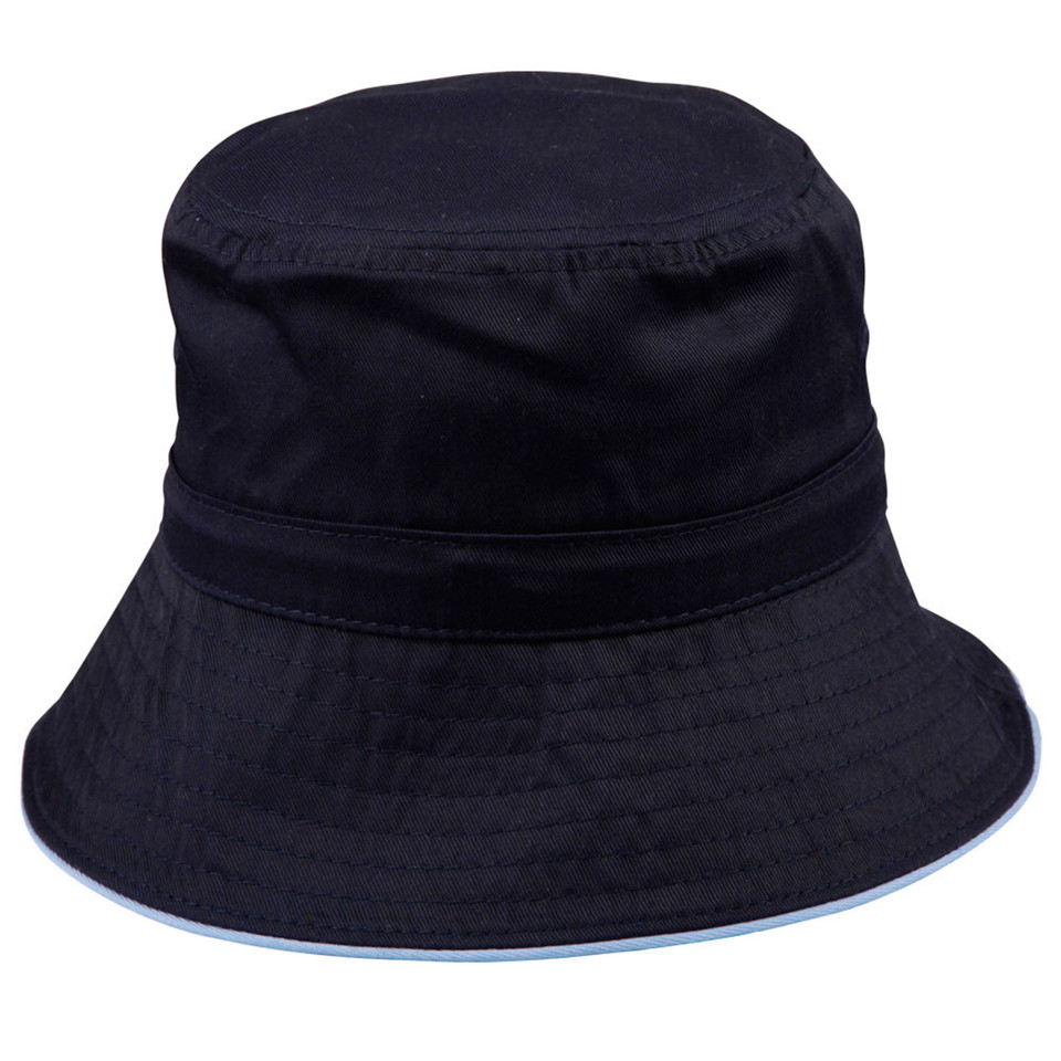 Navy bucket hat with contrast sky blue underside trim and adjustable toggle