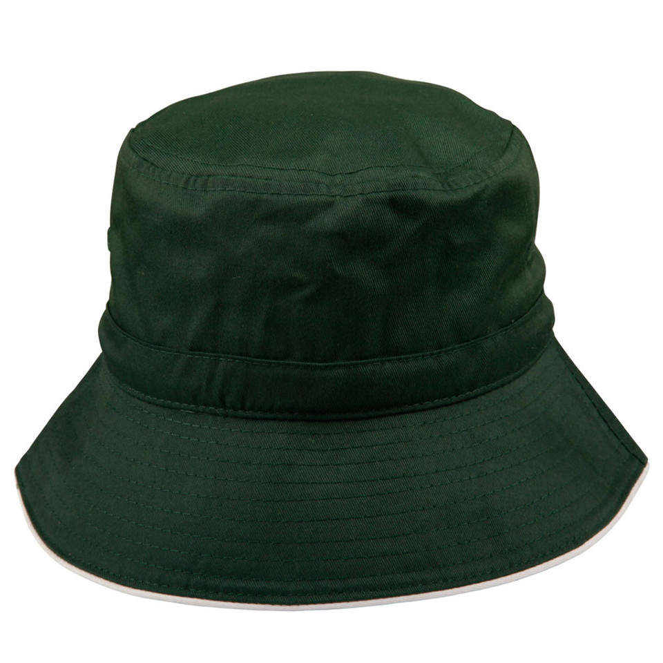 Bottle green bucket hat with contrast trim on brim and adjustable toggle