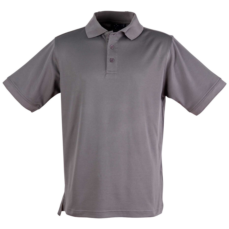 Slate grey quick dry polo shirt with matching collar and three-button placket