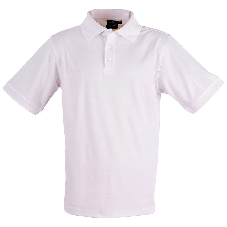 White short sleeve polo shirt with flat knit collar and two-button placket