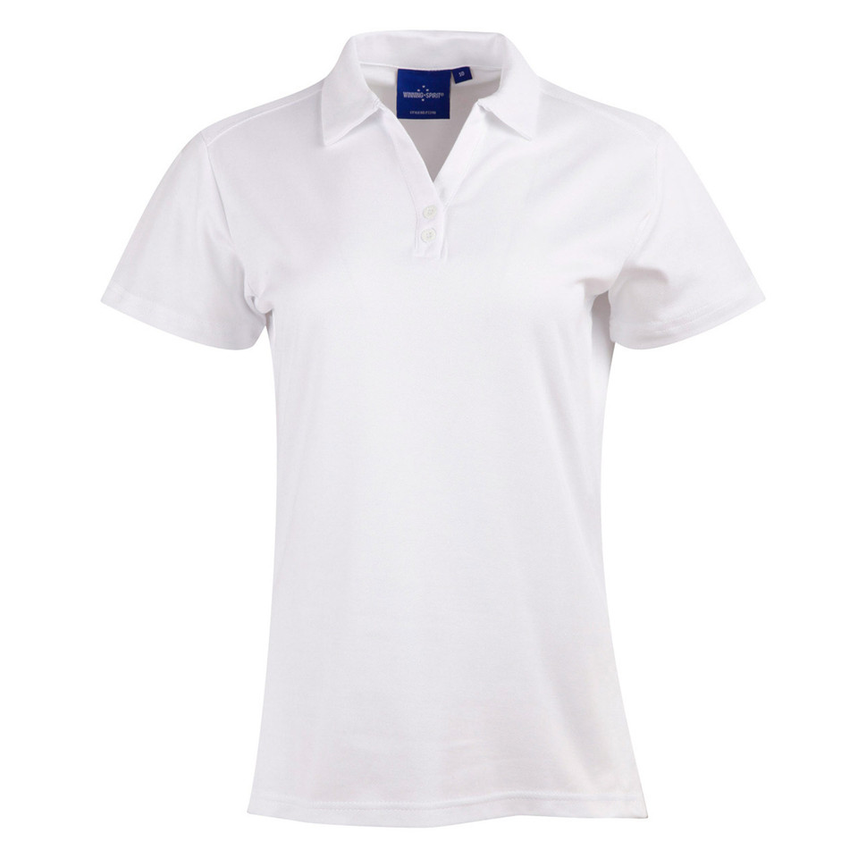 White women's short sleeve polo shirt with contrast navy trim on collar and chest pocket