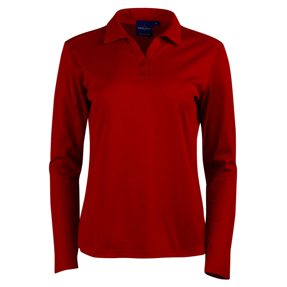 Ladies long sleeve polo shirt in red with spread collar and two-button placket, smooth quick-dry fabric