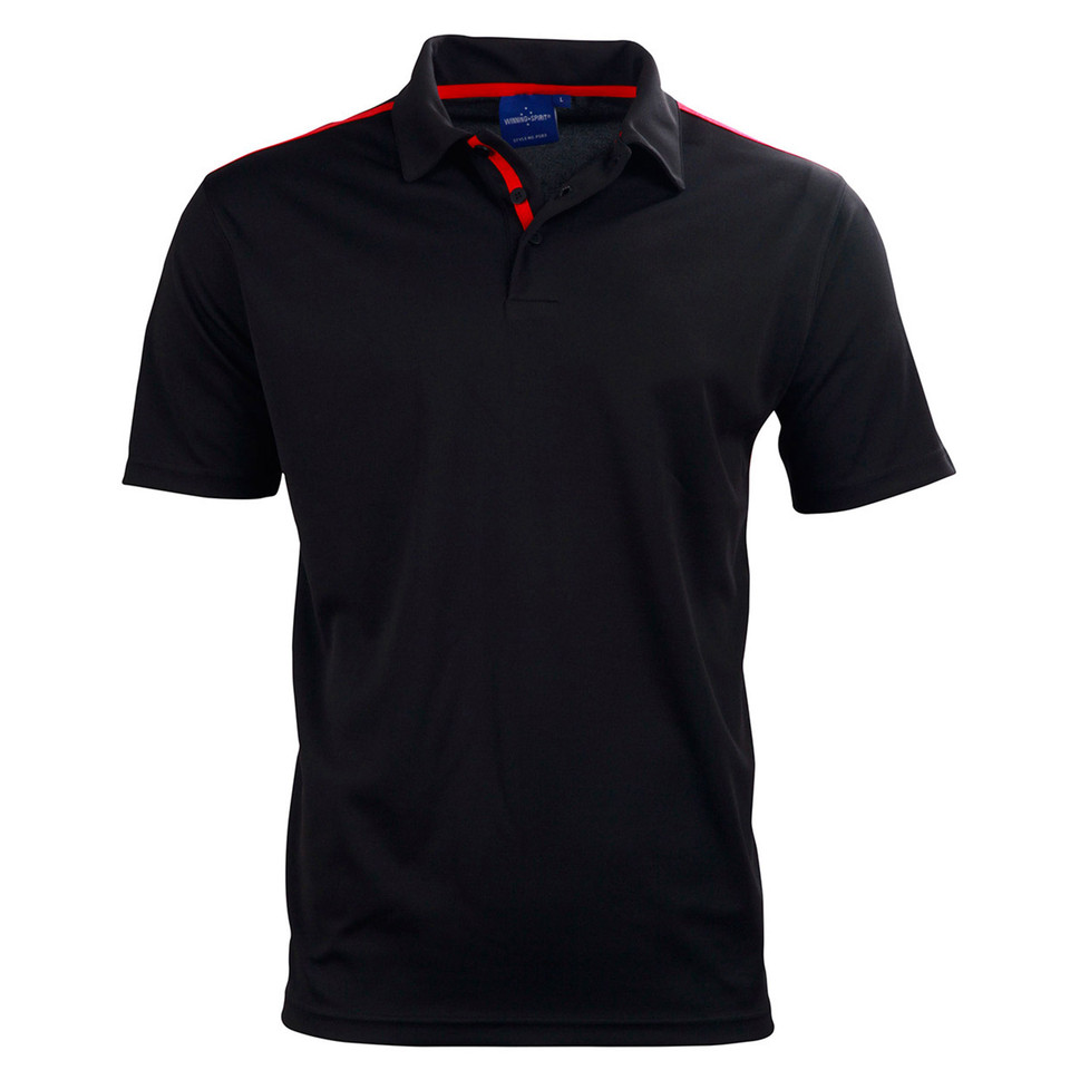 Black polo shirt with charcoal collar and red contrast piping detail on shoulders