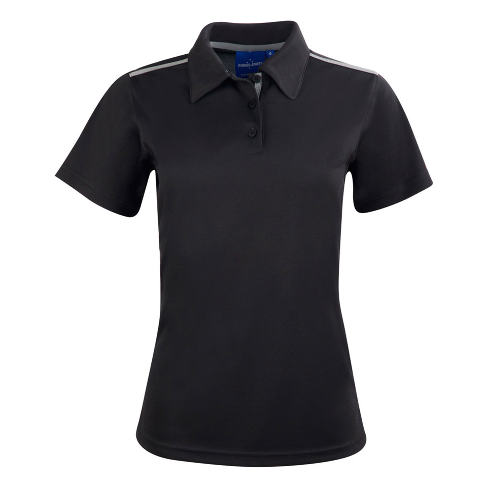Black ladies polo shirt with grey contrast shoulder stripes and collar trim