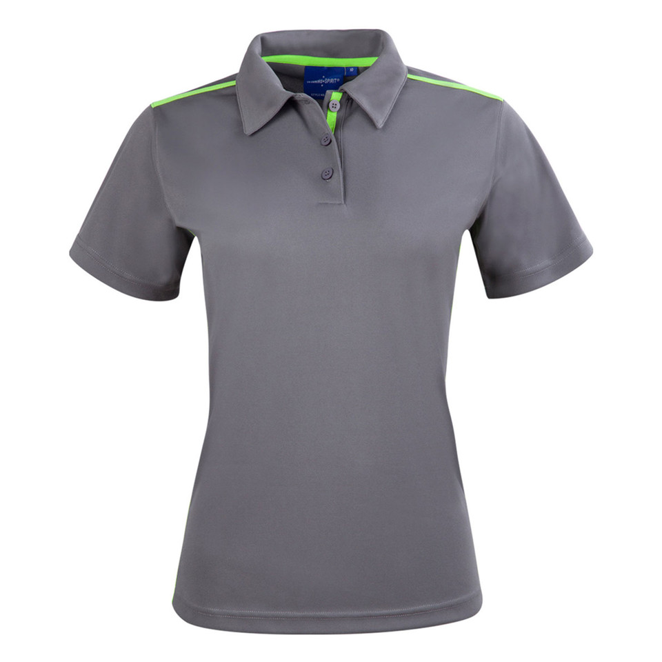 Charcoal grey ladies polo shirt with neon green contrast trim on collar and sleeve edges