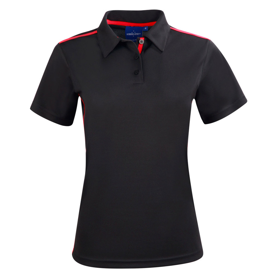 Charcoal grey ladies polo shirt with red shoulder piping and red inner placket detail