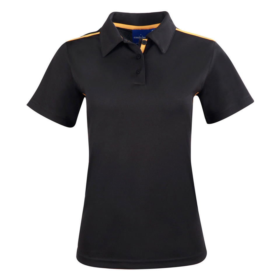 Black+Gold STIX Ladies Rapid Cool Contrast Polo Shirt, a quick-dry, cooling performance top with contrasting trim, ideal for sportswear or warm-weather corporate uniforms.