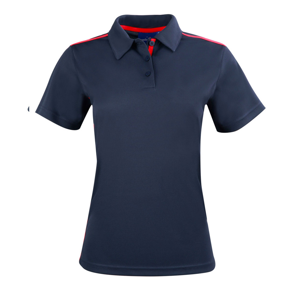 Navy blue ladies polo shirt with red contrast trim on collar and shoulders