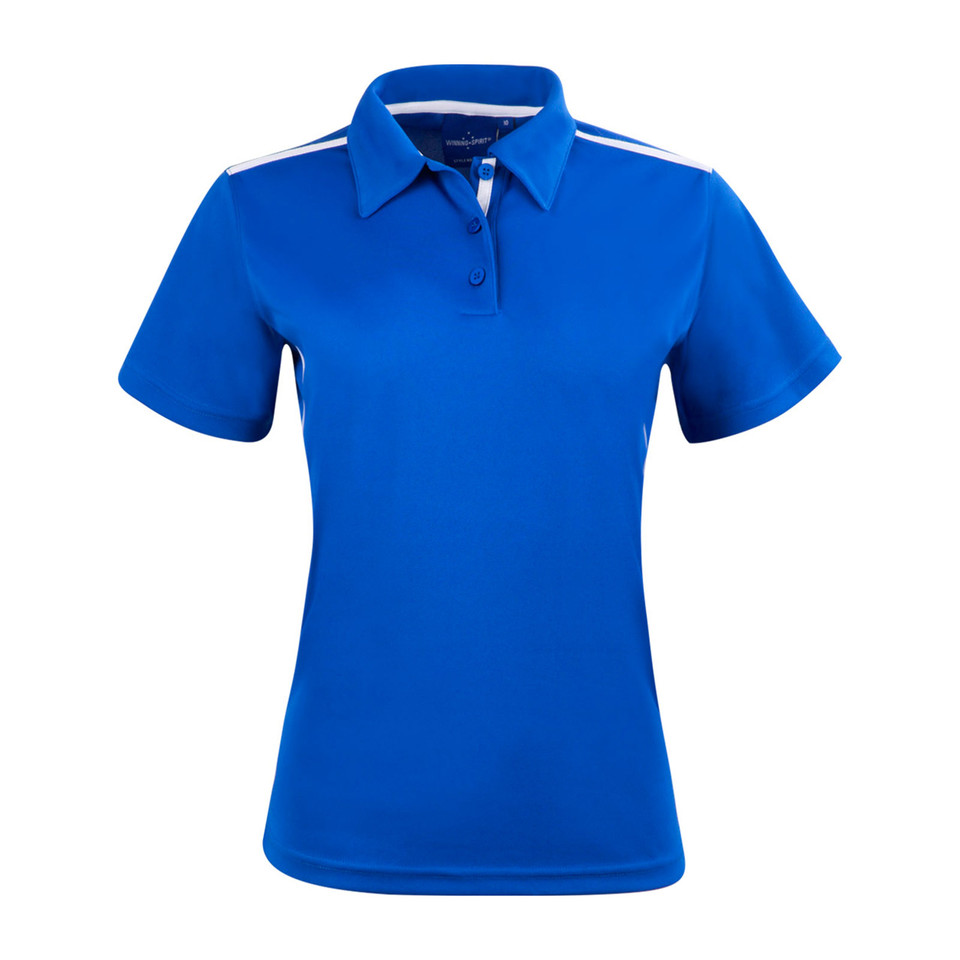 Royal blue ladies polo shirt with white shoulder stripe detail and collar trim