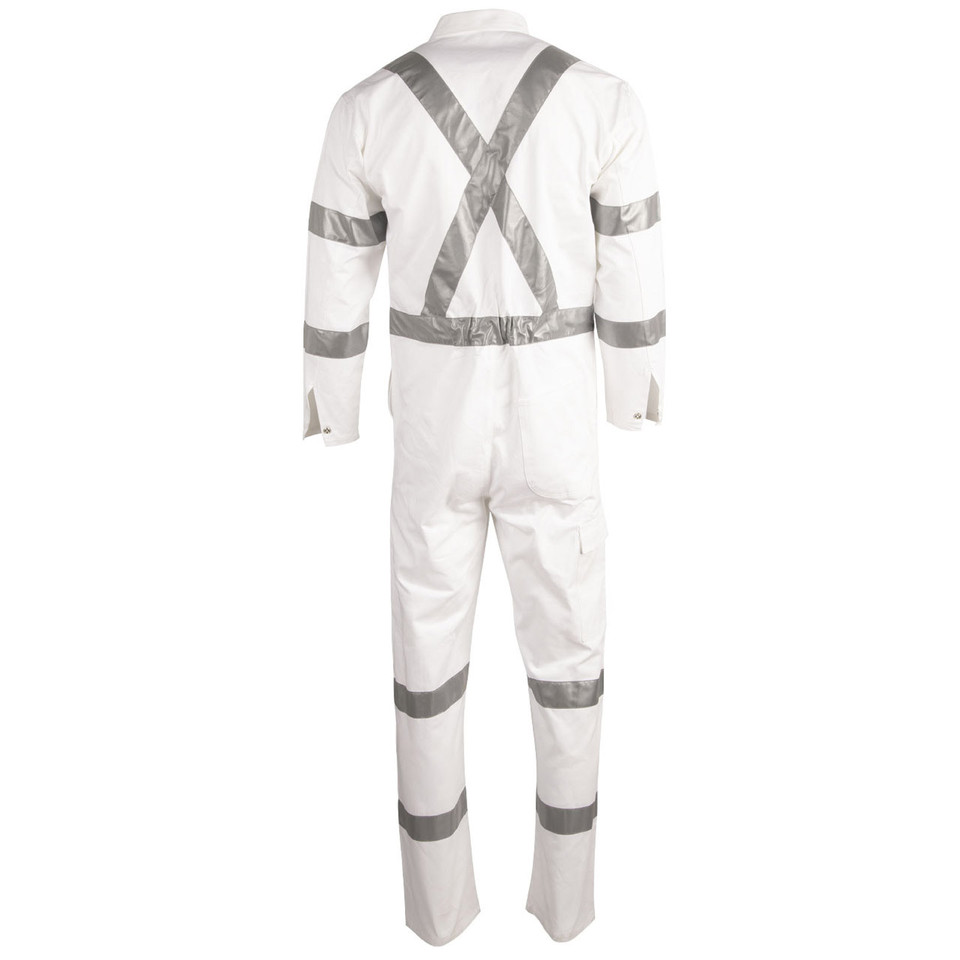 White coverall with silver reflective tape on shoulders, arms, waist, and legs in X-back configuration