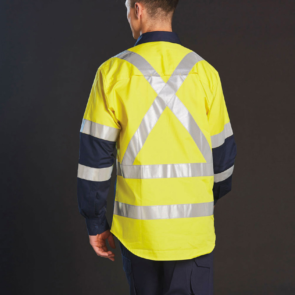 Back view of hi-vis yellow and navy long sleeve safety shirt with X-pattern and horizontal silver reflective tape