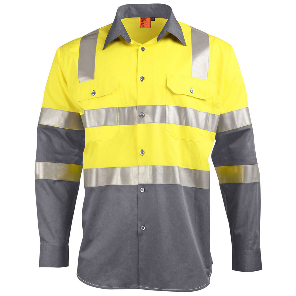 Yellow and steel grey two-tone long sleeve hi-vis safety shirt with segmented biomotion reflective tape on chest and sleeves