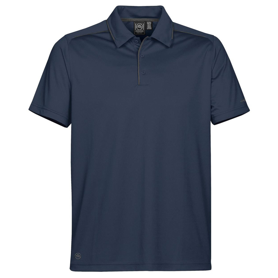 Navy blue polo shirt with contrast piping detail on sleeves and collar placket