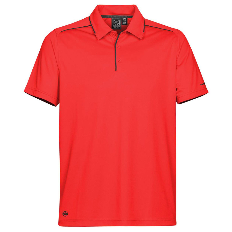 Bright red polo shirt with black contrast piping on shoulders and sleeves, featuring zippered placket