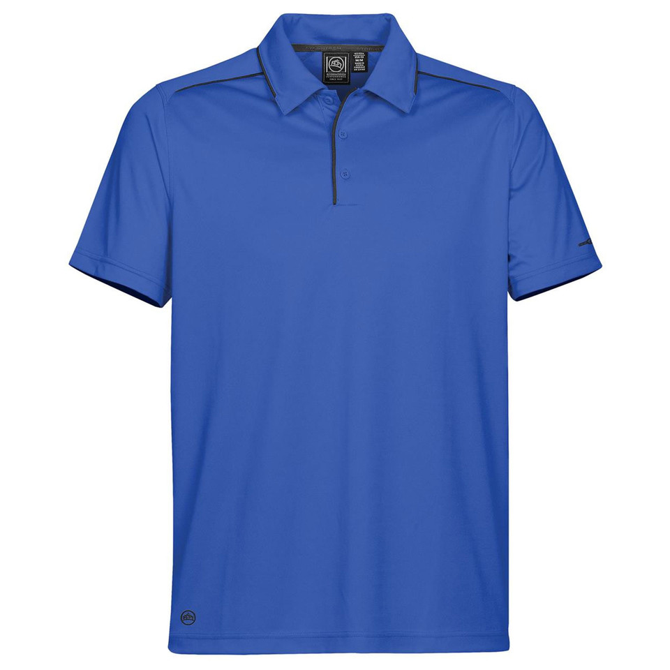 Royal blue polo shirt with navy contrast piping on shoulders and sleeves, featuring collar and placket