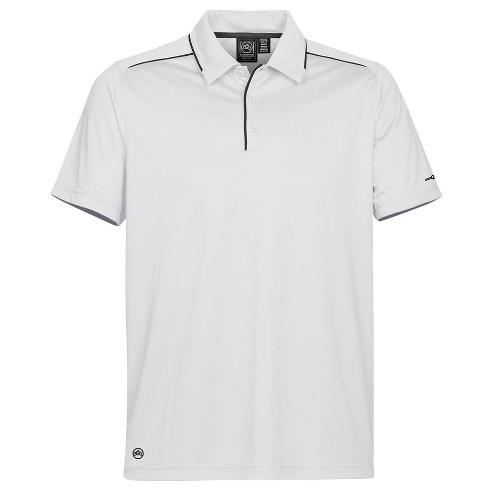 White polo shirt with charcoal contrast piping along collar and placket, featuring short sleeves with matching trim