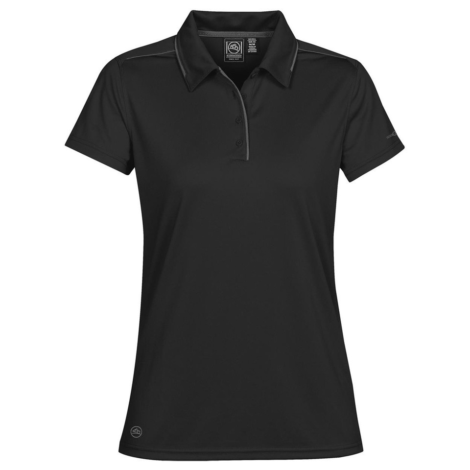 Black ladies' polo shirt with charcoal grey contrast piping on collar and placket