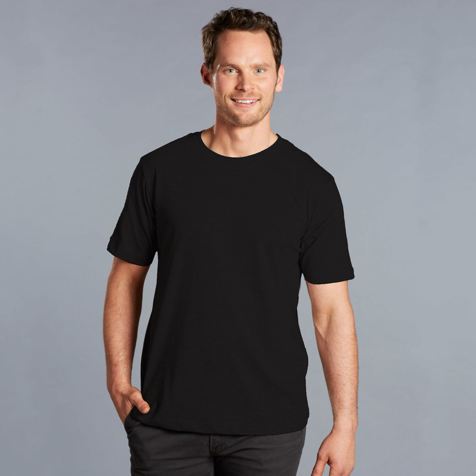 Black cotton semi-fitted crew neck t-shirt with short sleeves and chest pocket on male model