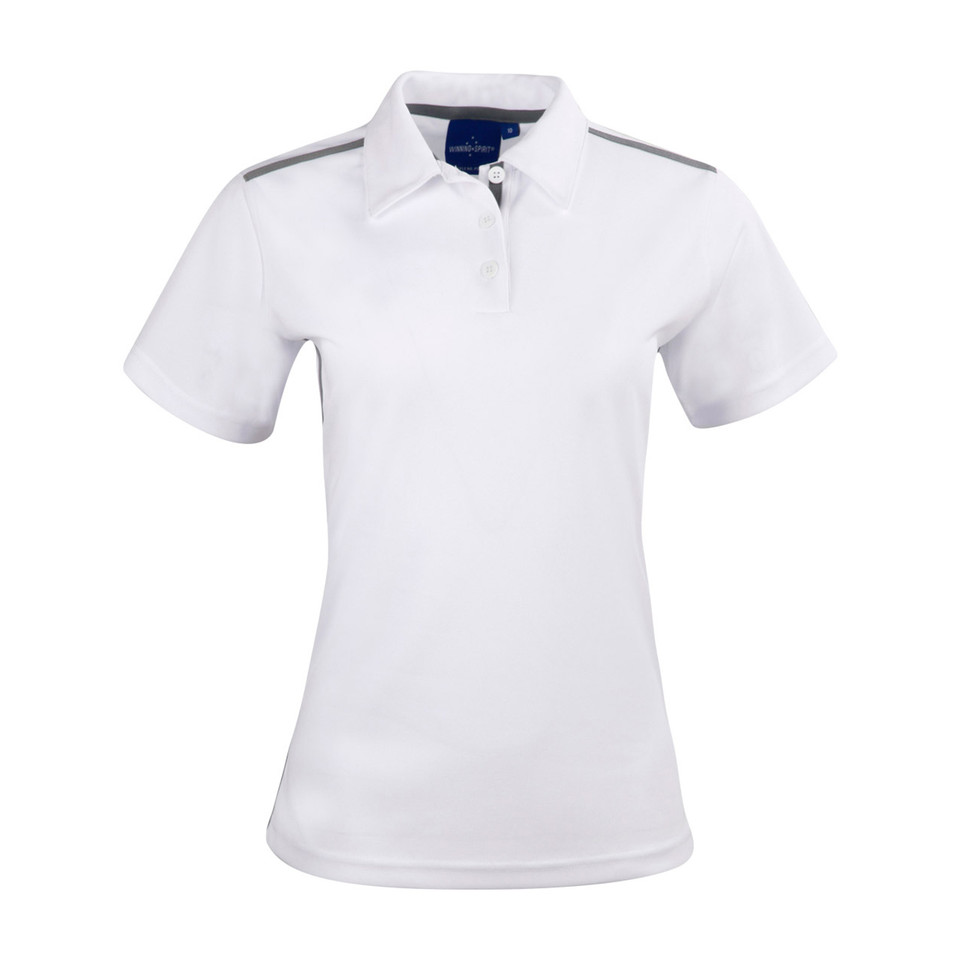 White kids polo shirt with grey contrast shoulder panels and collar trim