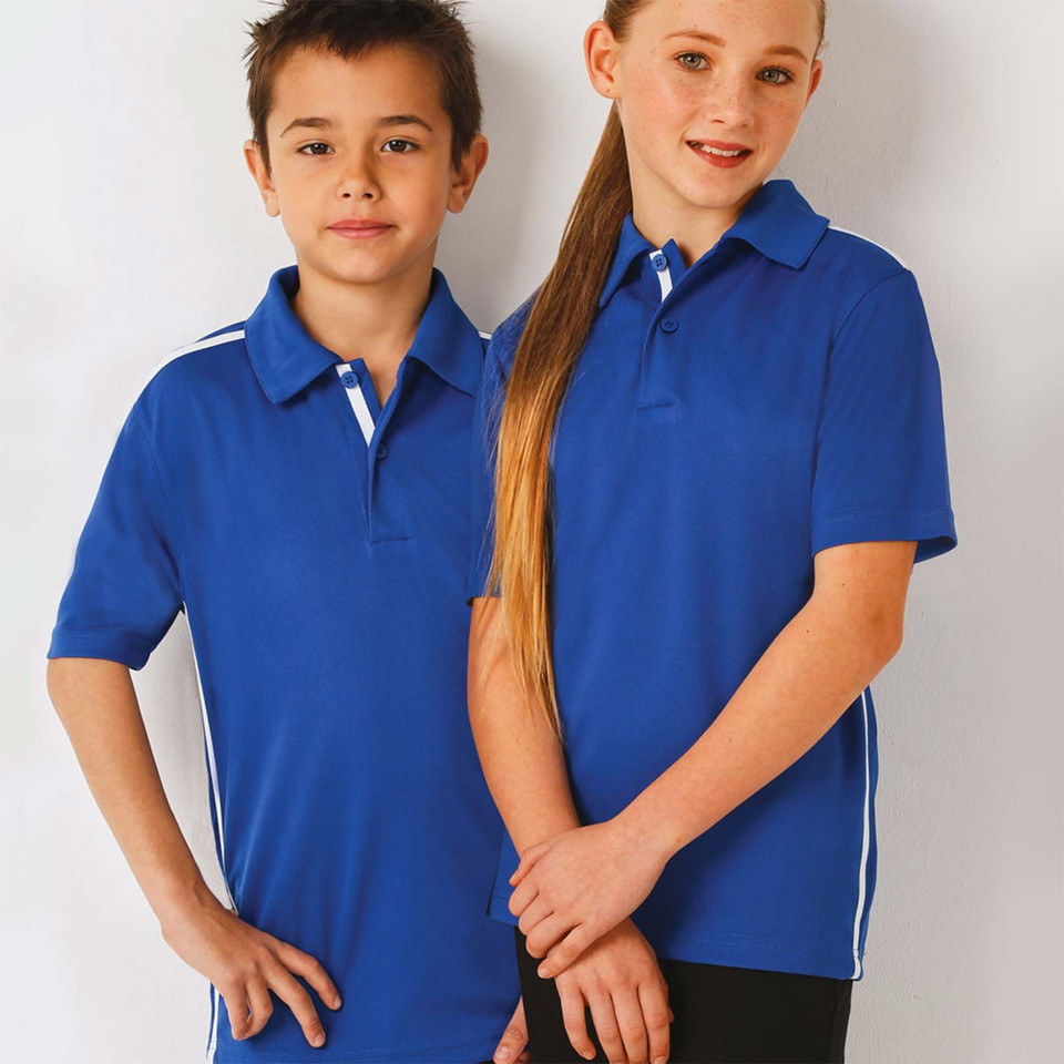 Royal blue kids polo shirts with white contrast stripe detailing and classic collars
