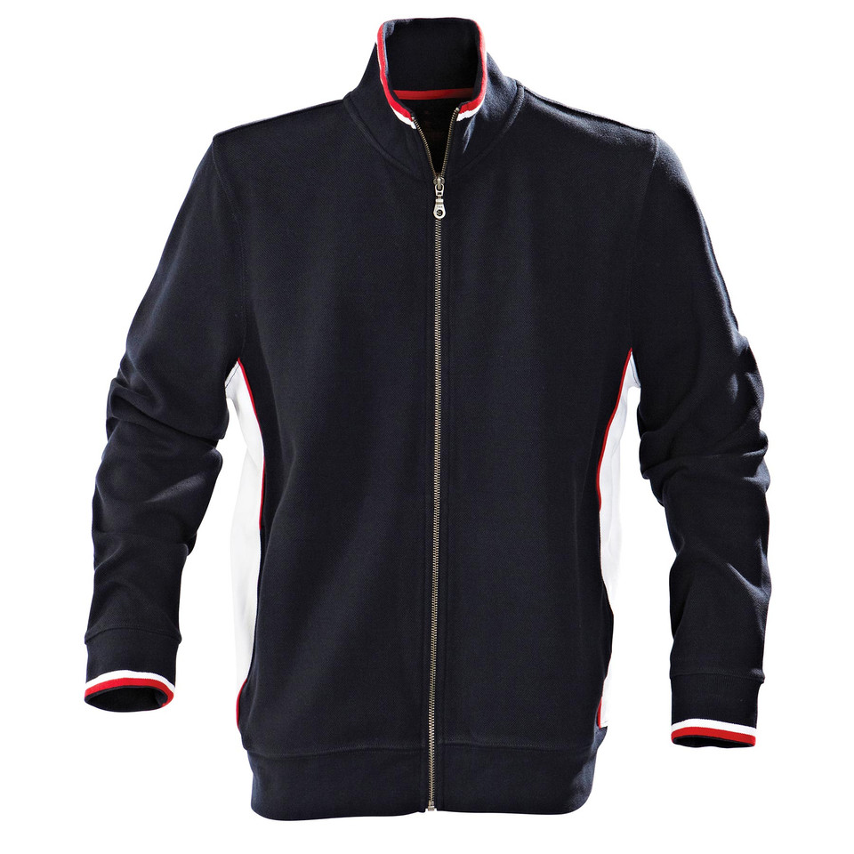 Navy knit jacket with red and white striped collar and cuff trim, featuring full-length zip closure