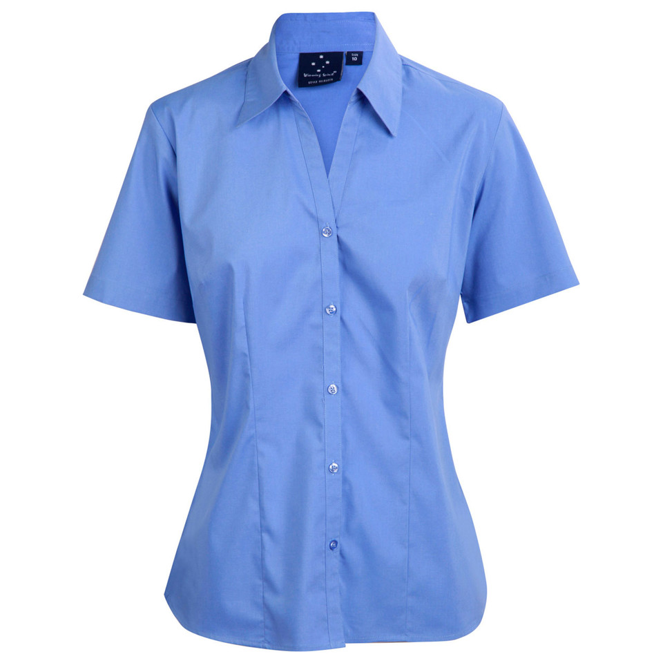 Cornflower blue women's short sleeve button-up shirt with spread collar and tailored fit