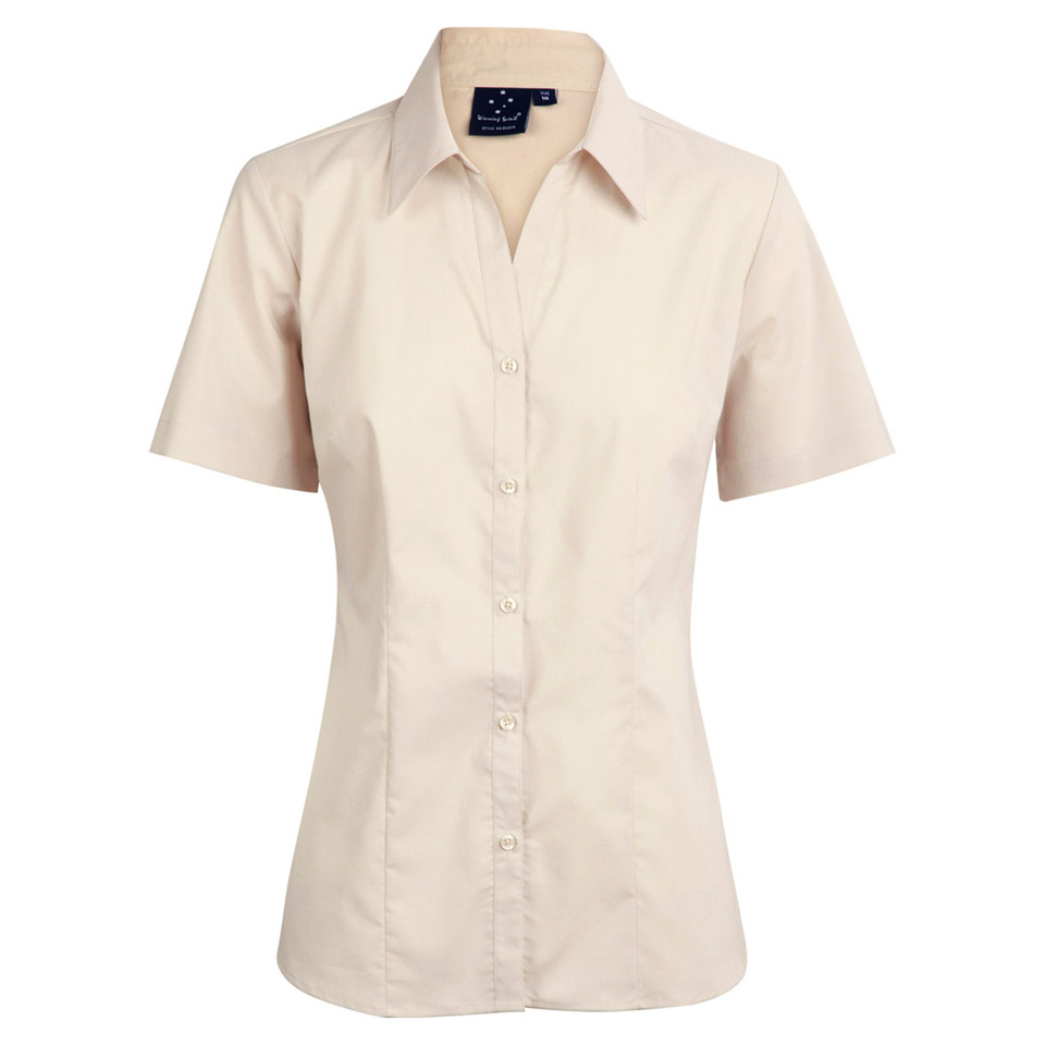 Women's cream short sleeve button-up shirt with spread collar and tailored fit, flat lay packshot