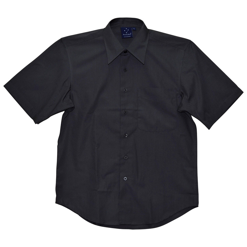 Charcoal short sleeve business shirt with classic collar and button-front closure on flat background