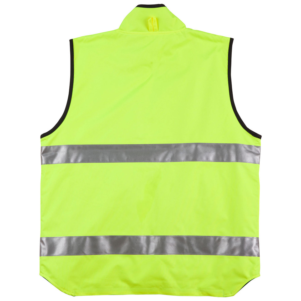 Hi-vis yellow safety vest with reflective silver tape stripes and black contrast trim on collar and armholes