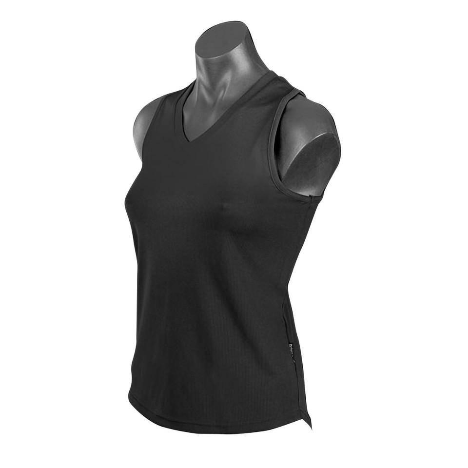 Black sleeveless v-neck singlet with curved hem and side vents displayed on mannequin