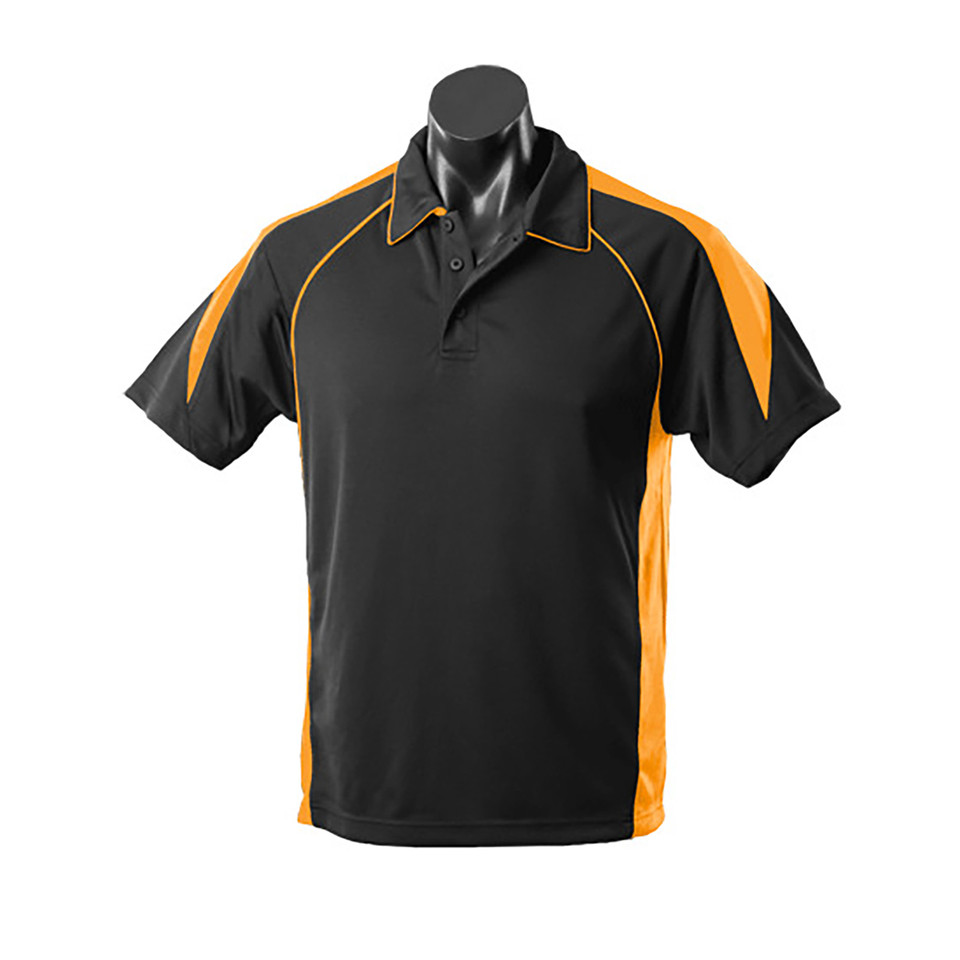 Black sports polo with gold contrast panels and piping detail on shoulders and collar