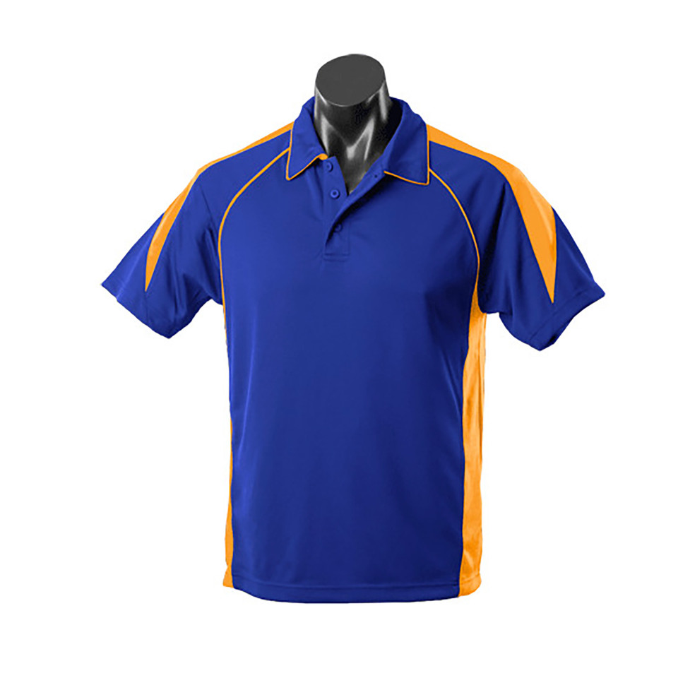 Royal blue polo shirt with gold contrast panels and white piping detail on sleeves and shoulders