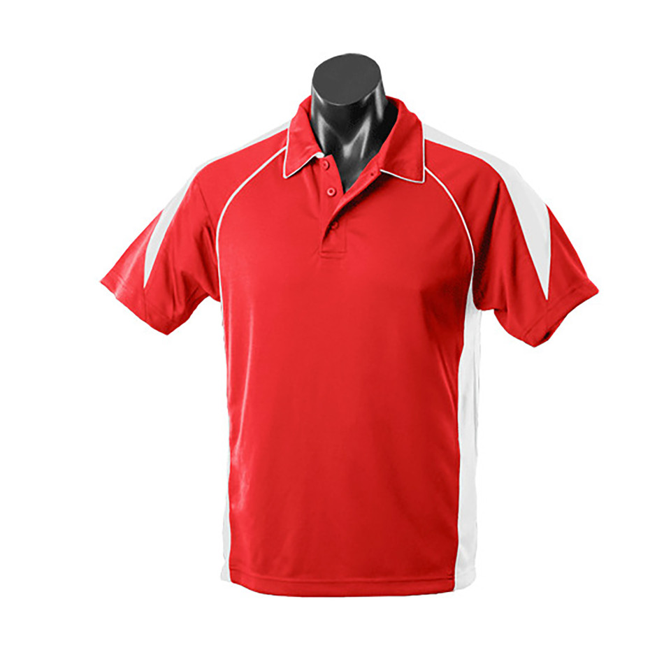 Red polo shirt with white contrast panels on shoulders and white piping detail on collar and raglan sleeves